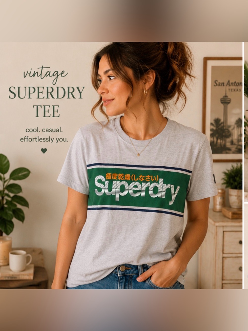 Superdry Dry Co. Graphic T-Shirt Size L Gray Green Japanese Logo Tee